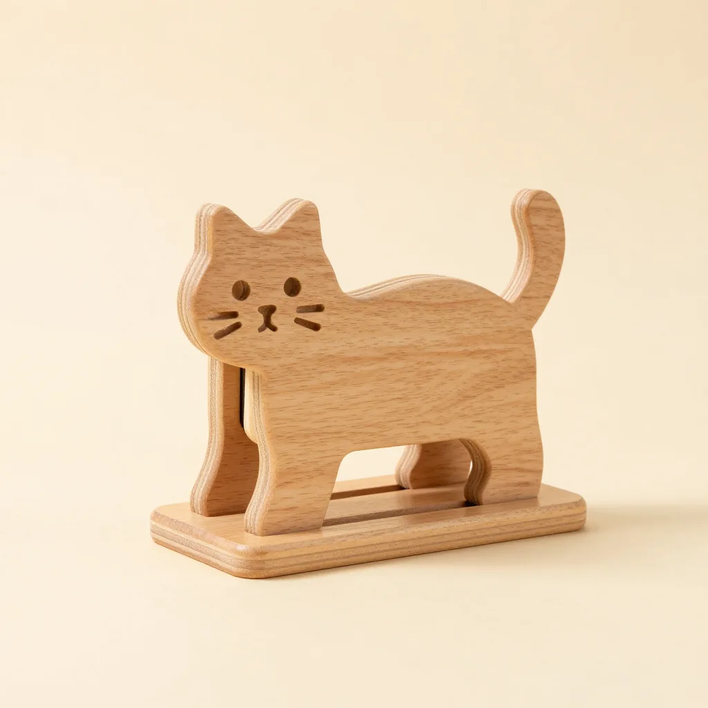 A wooden slider cat treat puzzle on a warm background