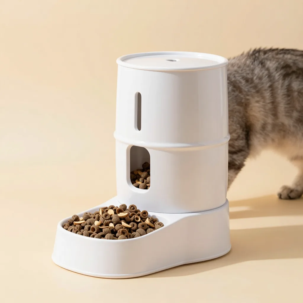 A rolling barrel cat treat feeder on a warm background