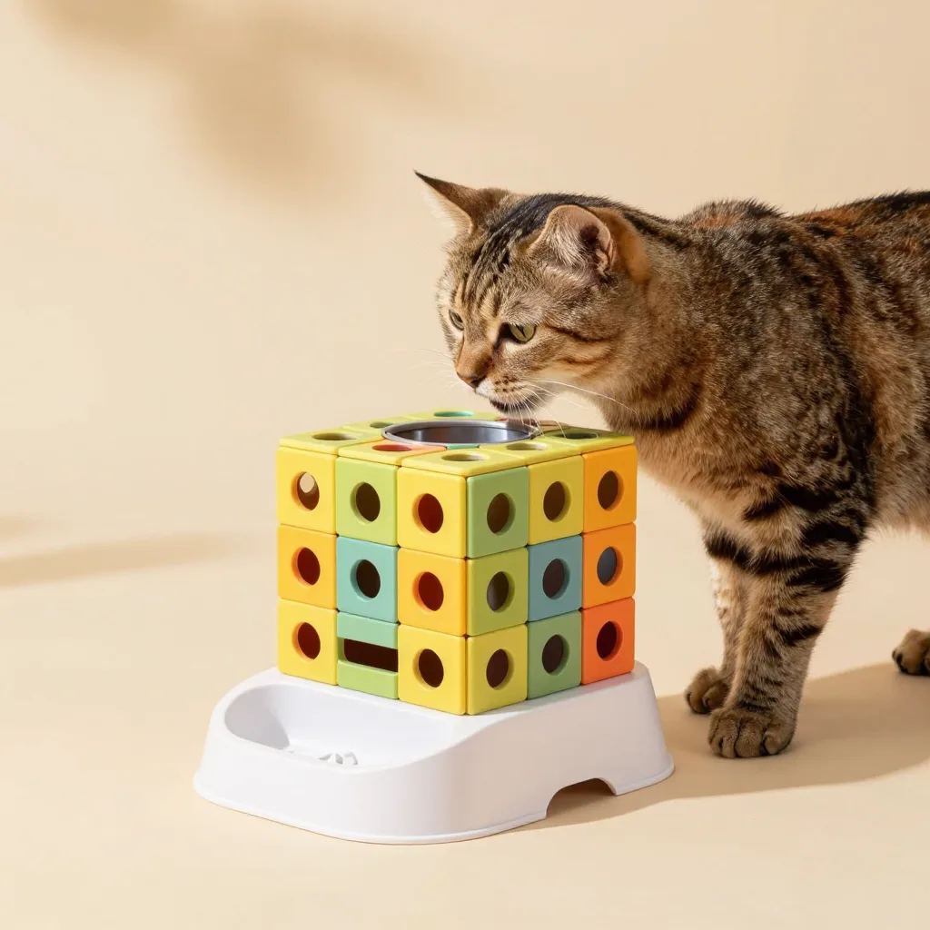 A puzzle cube cat feeder on a warm background