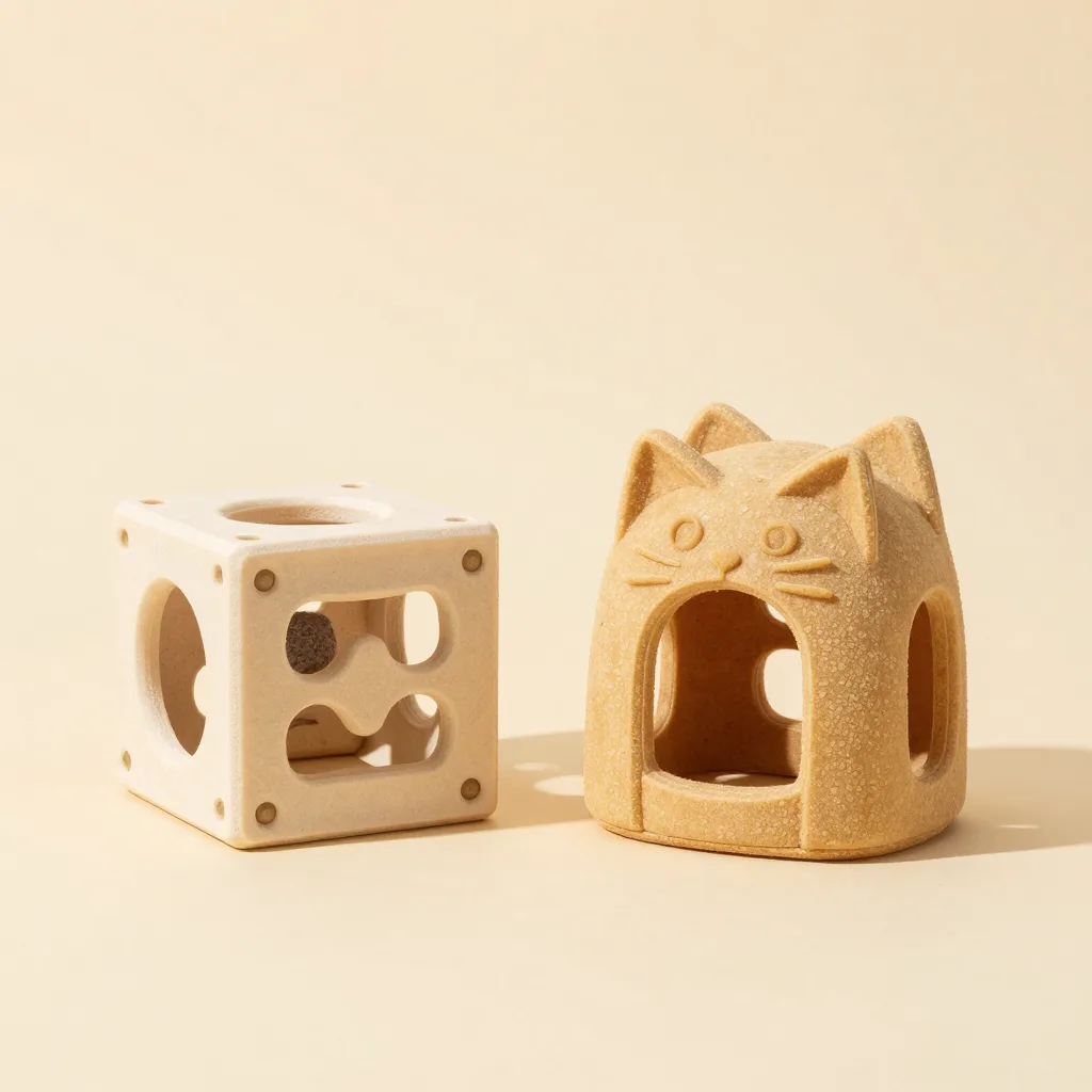 A beginner set of two cat treat puzzles on a warm background