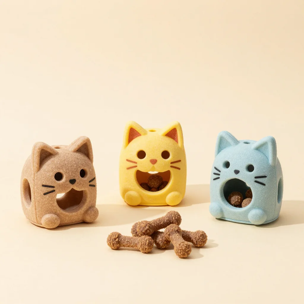 A full set of three cat treat puzzles on a warm background