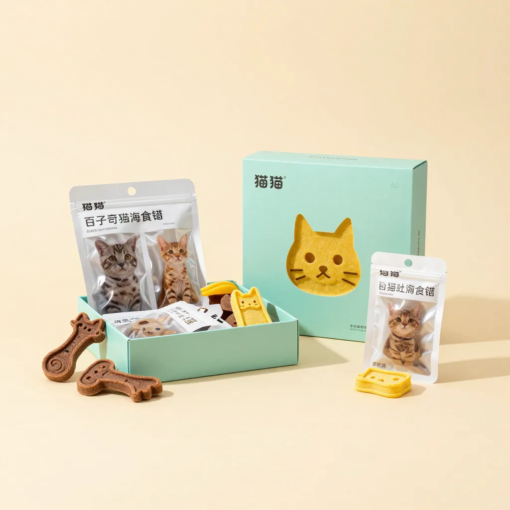 A cat treat puzzle gift set on a warm background