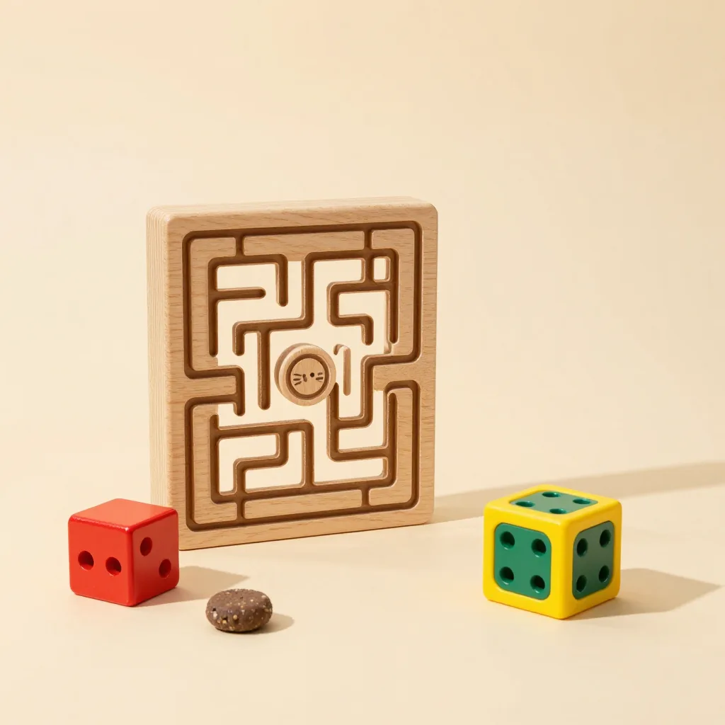 An expert set of maze and cube cat treat puzzles on a warm background